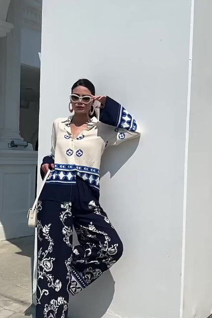 Women's 2024 New Fashion Positioning Print Loose Long Sleeved Top Wide Leg Pants Two Piece Set