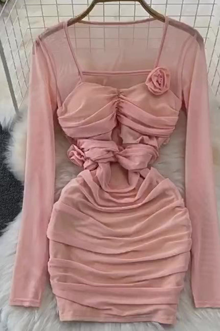 Spicy Girl Sexy Long Sleeve Square Neck Waist Shrinking Mesh Perspective 3D Flower Wrap Hip Dress
