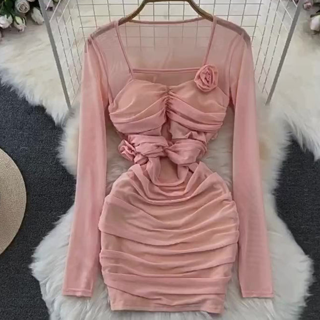 Spicy Girl Sexy Long Sleeve Square Neck Waist Shrinking Mesh Perspective 3D Flower Wrap Hip Dress