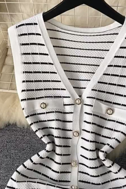 Knitwear Manufacturer Custom Contrast Color Striped V Neck Single Breasted Sleeveless Luxury Knit Dress