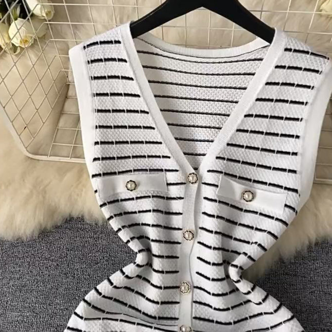 Knitwear Manufacturer Custom Contrast Color Striped V Neck Single Breasted Sleeveless Luxury Knit Dress