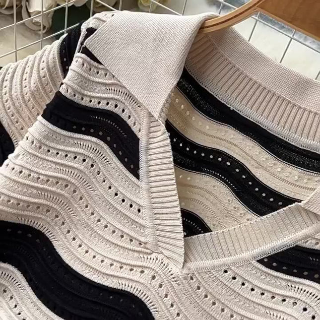 Short Sleeved Striped Knit Dress Women'S Summer New Hollow V-Neck Dresses