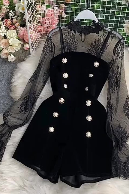 High Quality Lace Velvet Women Bodysuit Jumpsuit Shorts Sexy Two Piece Set Jumpsuit Pants Rompers