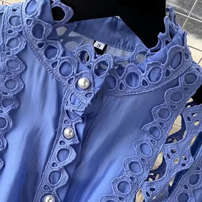Sexy Summer Temperament Court Style Hollow Lace A-line Skirt Stand Collar Slimming Dress Female Summer Lace-up Waist Dress