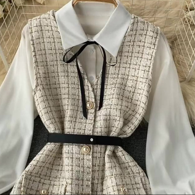 Autumn New Suit Women's Puff Sleeve Shirt Strap Dress Design Sense Two-piece Set