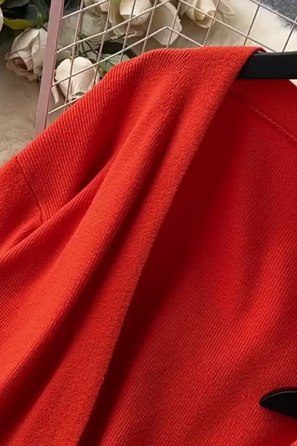 Yüksek dereceli düz renk örme moda seti kadın sonbahar v yaka Halters elbise gevşek ince uzun kollu üst
