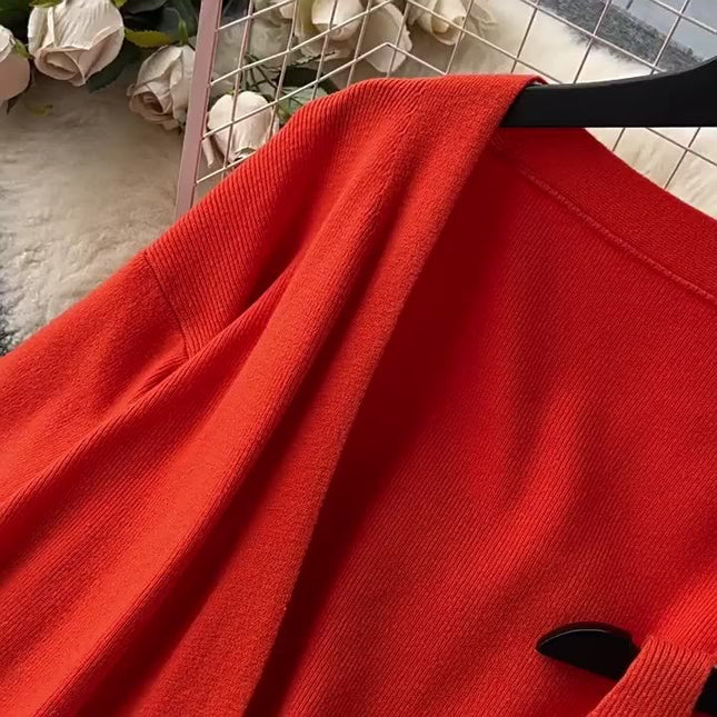 Yüksek dereceli düz renk örme moda seti kadın sonbahar v yaka Halters elbise gevşek ince uzun kollu üst