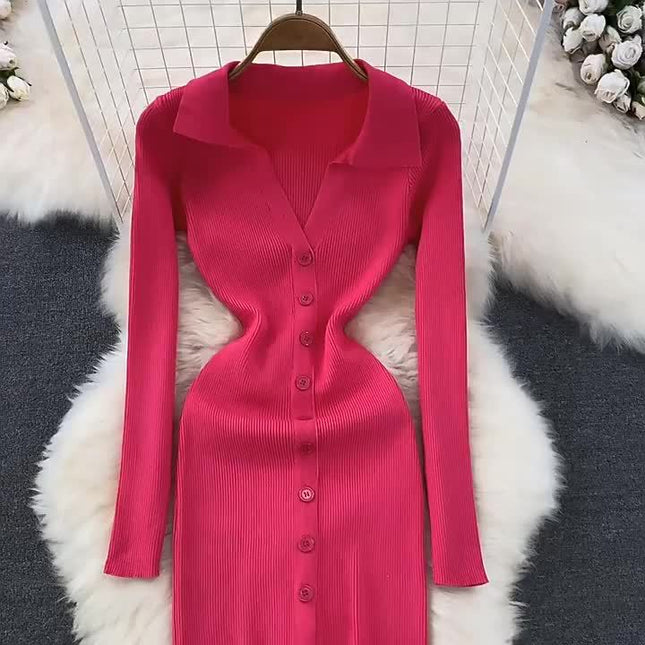 Spring and Autumn V-neck Women's Long Sleeve Knit Split Tight Dresses