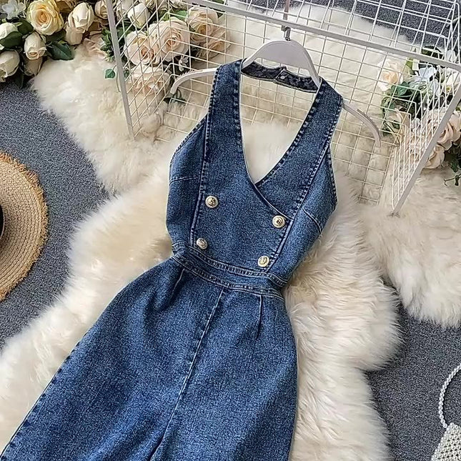 Vintage Wide Leg Women'S Suspenders Sleeveless Denim Jumpsuit