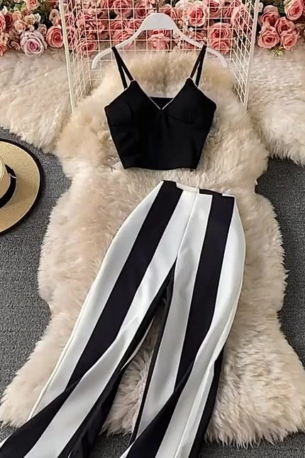 Women Summer Design Set Sexy Sleeveless Short Strap Tops High Waist Long Flare Pants Two Piece Suits