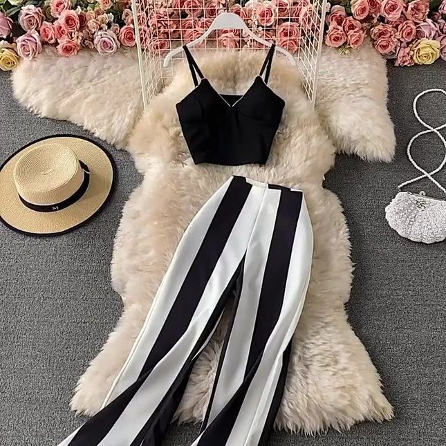 Women Summer Design Set Sexy Sleeveless Short Strap Tops High Waist Long Flare Pants Two Piece Suits