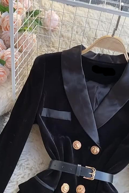 High Quality Fall Winter Black Elegant Women Double Breasted Velvet Long Blazer Dress for Ladies
