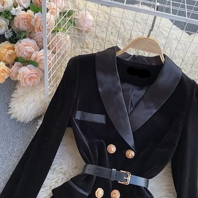 High Quality Fall Winter Black Elegant Women Double Breasted Velvet Long Blazer Dress for Ladies