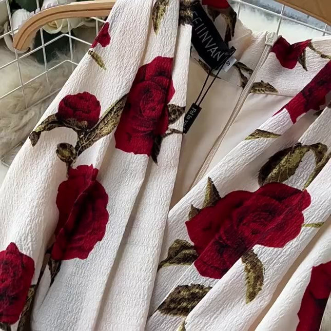 Sleeveless V-neck Print A-line Dress Summer Vintage High Waist Midi Dress Ladies Casual Dress Clothes Women Wholesale
