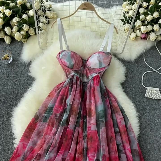 Spring and Autumn Printed Resort High End Women Summer Sexy Long Camisole Dress