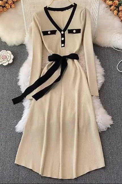 Autumn Winter New Knitted V-Neck Long Sleeve Women Black Sweater Fashion Casual Dresses