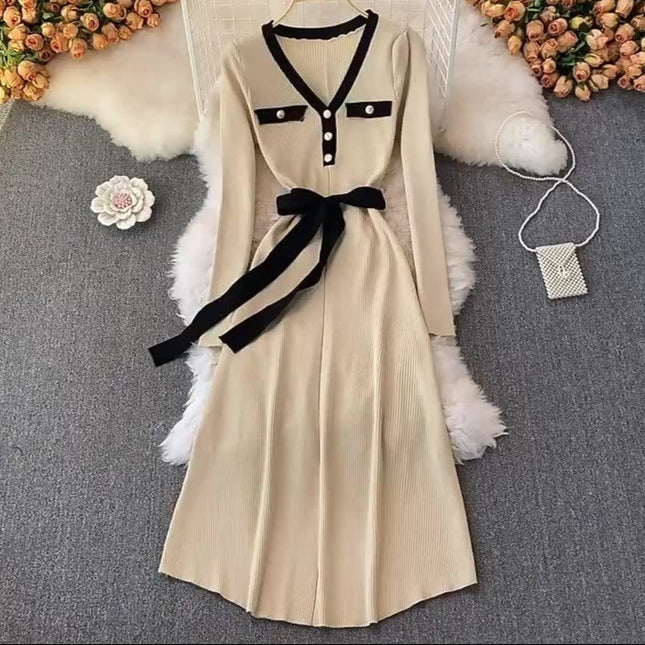Autumn Winter New Knitted V-Neck Long Sleeve Women Black Sweater Fashion Casual Dresses