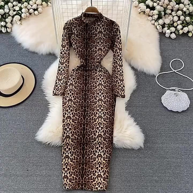 Sexy Leopard Print Standing Neck Women's Long Sleeve Tight Stretch Bodycon Long Dresses