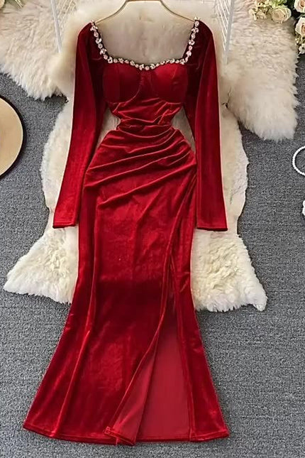 New Korean Stylish Necklace Edge Long Sleeve Velvet Dress Women Slim Dresses