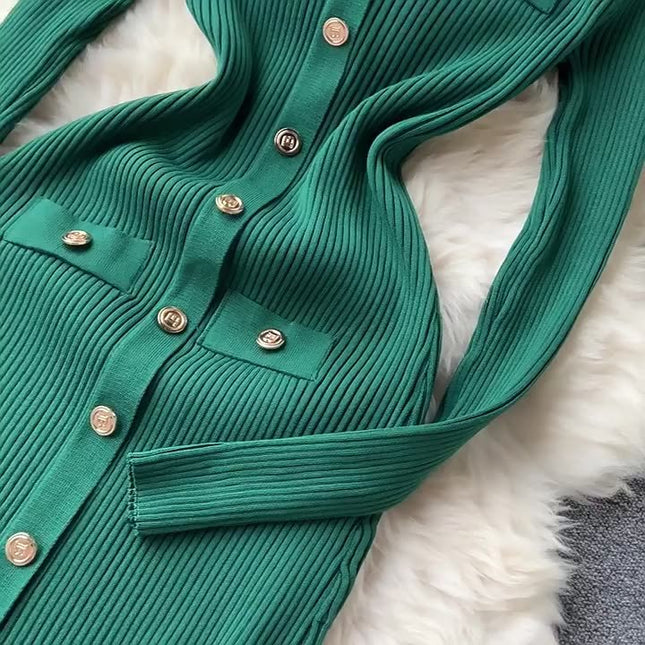 Autumn Winter V-Neck Long Sleeve Knitted Tight Fitting Slim Fit Women Clothes Casual Dress