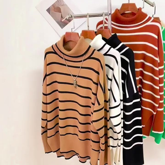 Spring Autumn Vintage Versatile High Neck Striped Loose Sweater Women's Sweater Top
