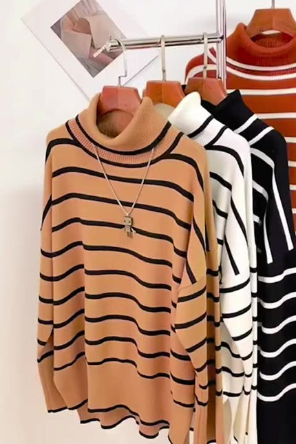 Spring Autumn Vintage Versatile High Neck Striped Loose Sweater Women's Sweater Top