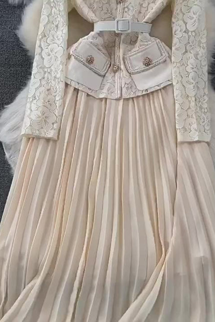 Wholesale 2024 Autumn Temperament Two Piece Long Sleeve Square Neck Lace Spliced Waist a Line Large Fold Women's Dress