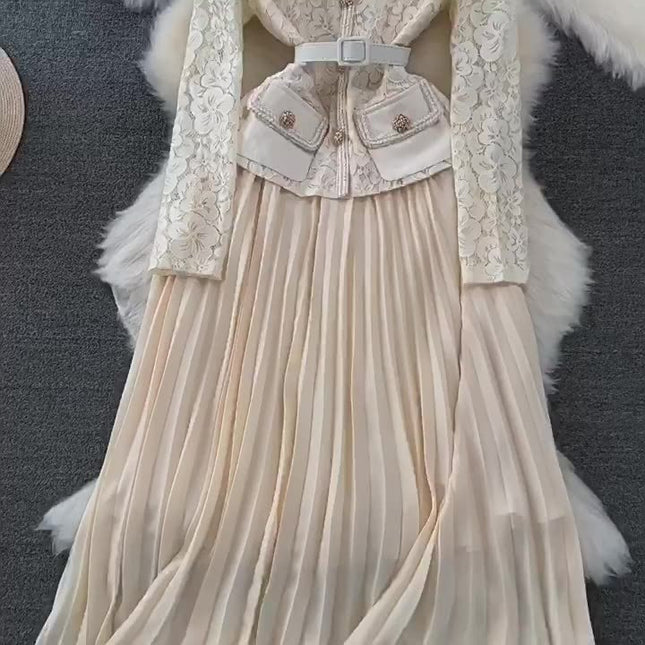Wholesale 2024 Autumn Temperament Two Piece Long Sleeve Square Neck Lace Spliced Waist a Line Large Fold Women's Dress