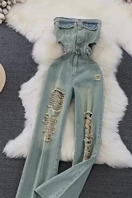 Summer Retro Tube Midriff Outfit Ladies Jumpsuit Casual High Waist Slimming Bodysuits Jeans Jumpsuit for Women