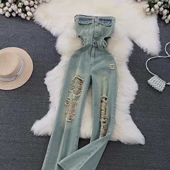 Summer Retro Tube Midriff Outfit Ladies Jumpsuit Casual High Waist Slimming Bodysuits Jeans Jumpsuit for Women