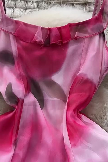 2024 Summer Fashion Waistband Slim Mid Length Halo Dyed Pink Print Strap Dress Beach Resort Dress