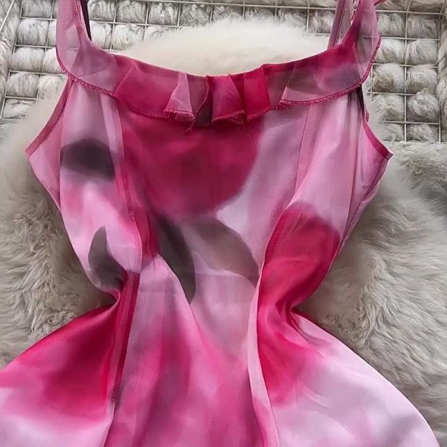 2024 Summer Fashion Waistband Slim Mid Length Halo Dyed Pink Print Strap Dress Beach Resort Dress