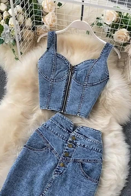 Summer Women'S Suit New Woman Sexy Short Halter Vest High Waist Denim Skirt Set