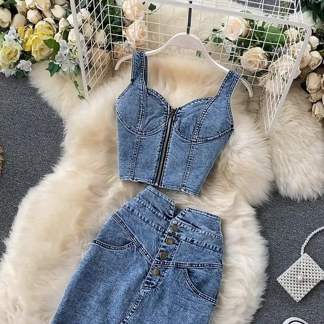 Summer Women'S Suit New Woman Sexy Short Halter Vest High Waist Denim Skirt Set