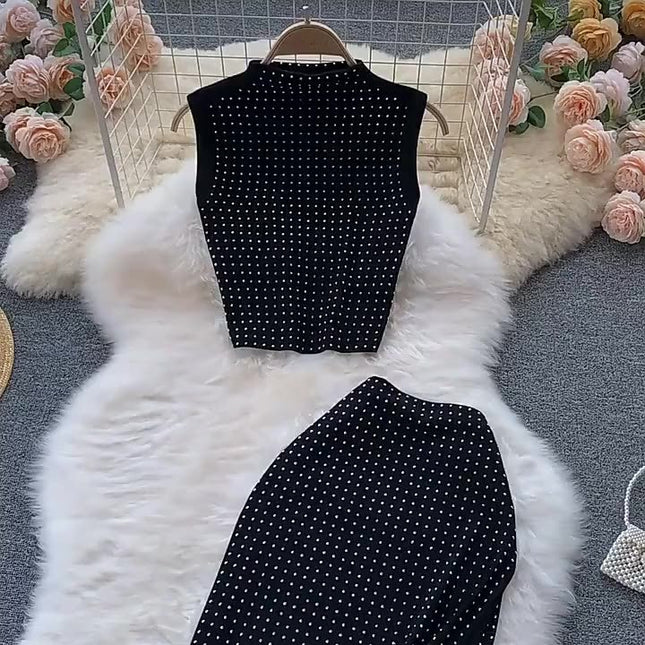 Summer Crop Top Vest Sexy Slit Diamond 2 Piece Two Piece Skirt Sets Women Outfits