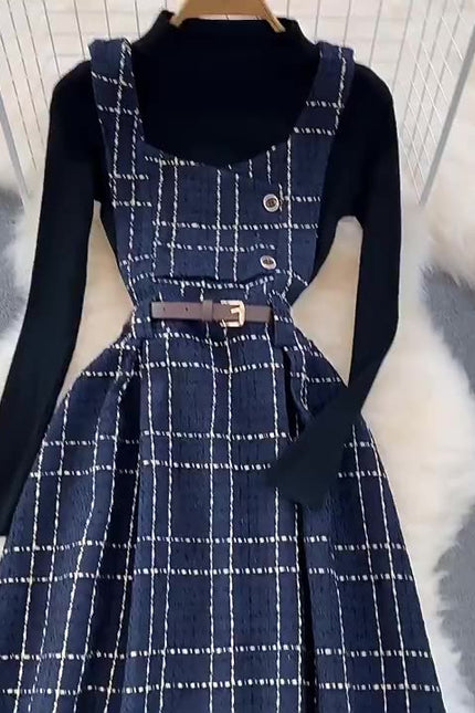 Fall Winter Vintage Style Stand Collar Bottom Sweater Two Piece Plaid Suspender Dress Waist A-Line Dress