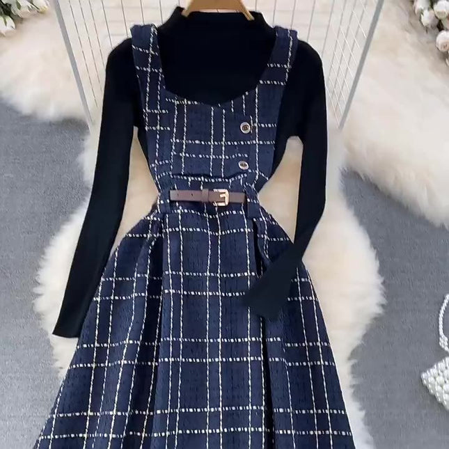 Fall Winter Vintage Style Stand Collar Bottom Sweater Two Piece Plaid Suspender Dress Waist A-Line Dress