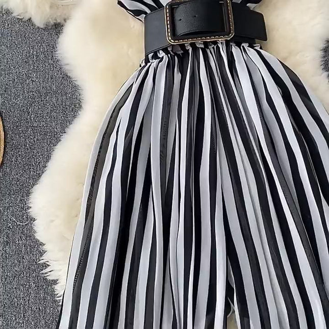 Fashion V-Neck Chiffon Stripes Summer New Sleeveless Wide Leg Long Pants Jumpsuit