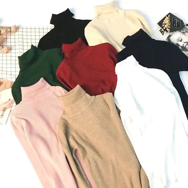 Fall Winter New Female Slim Fit Pullover Solid Color Knitted Shirt Women Sweaters Turtleneck