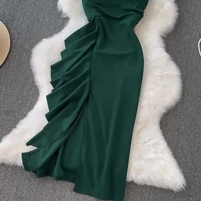 Summer New Spaghetti Strap Sexy Fashion Slip Pull Rope Ruffle Empire Tight Fitting Pleat Sheath Dress