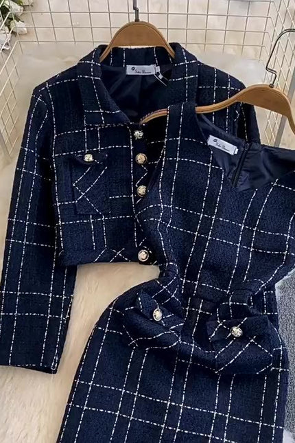Autumn and Winter Temperament Long Sleeved Tweed Jacket With Waistband Vest and Buttocks Wrapped Dress Two Piece Set