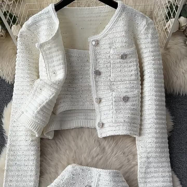 Elegant Casual Short Cardigan Sequin Knitted Set Autumn New Mini Skirt Set Shorts Two Piece Women's Clothing