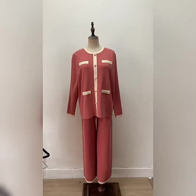 Wholesale Spring Round Neck Button Contrast Color Long Sleeve Top High Waist Wide Leg Knitted Trousers Women's Set