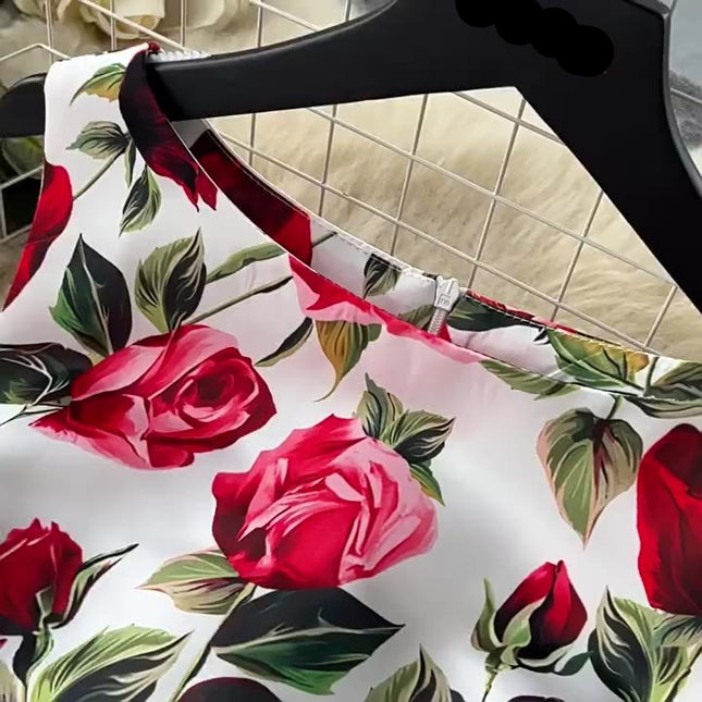 Estilo retro vestido estampado para mulheres no verão com uma cintura plissada a linha em torno do pescoço saia sem mangas