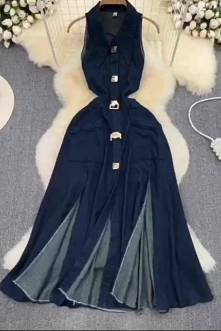 Vintage Lapel Cut-Out Waistless Sleeveless A-Line Split Denim Dress
