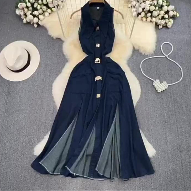 Vintage Lapel Cut-Out Waistless Sleeveless A-Line Split Denim Dress