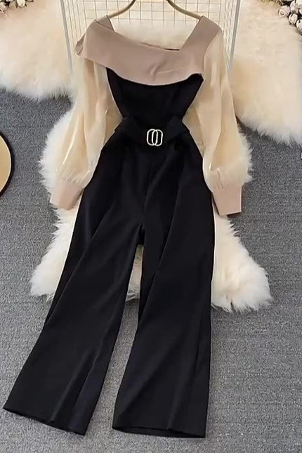 Fashion Long Sleeve Ruffle Women Spring Autumn High Waist Straight Wide Leg Jumpsuit