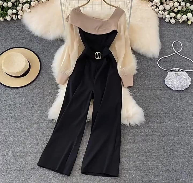 Fashion Long Sleeve Ruffle Women Spring Autumn High Waist Straight Wide Leg Jumpsuit