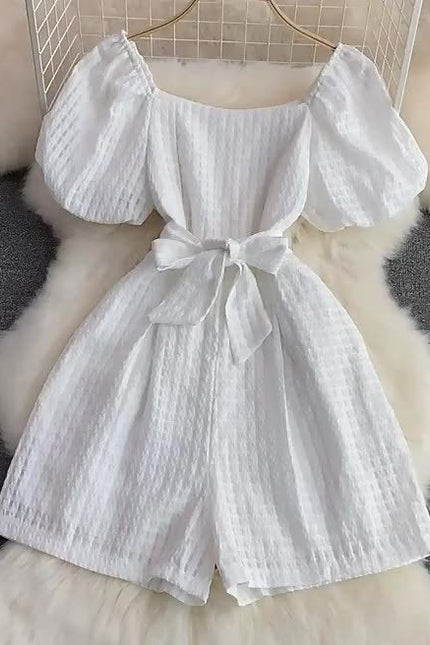 French Square Neck Bubble Short Sleeve Jumpsuit Summer New Fashion Shorts Jumpsuit
