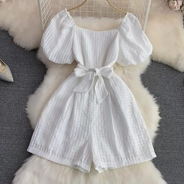 French Square Neck Bubble Short Sleeve Jumpsuit Summer New Fashion Shorts Jumpsuit